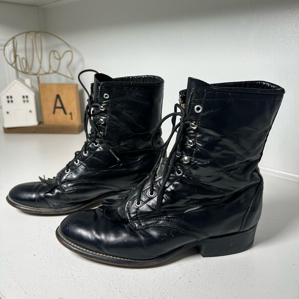 Vintage Laredo Black Leather Lace Up Boots Women’s 7 Kiltie Fringe Western Moto